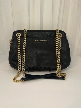 Vince Camuto Black Pebbled Leather Shoulder Bag with Convertible Chain Detail